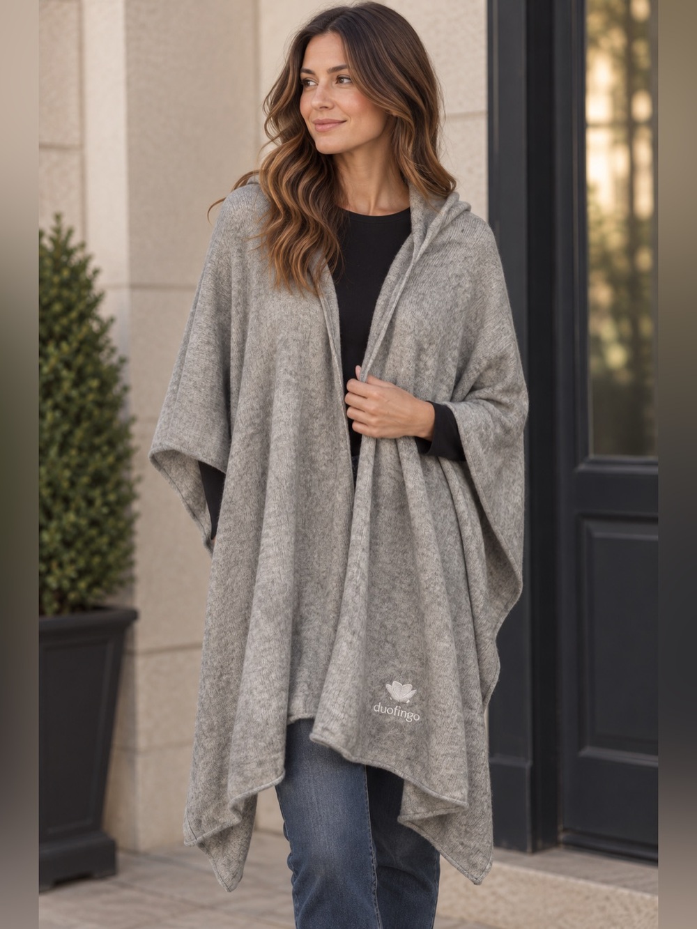 Duolingo Gray Knit Travel Wrap Shawl Poncho Cape Owl Logo Cozy Oversized